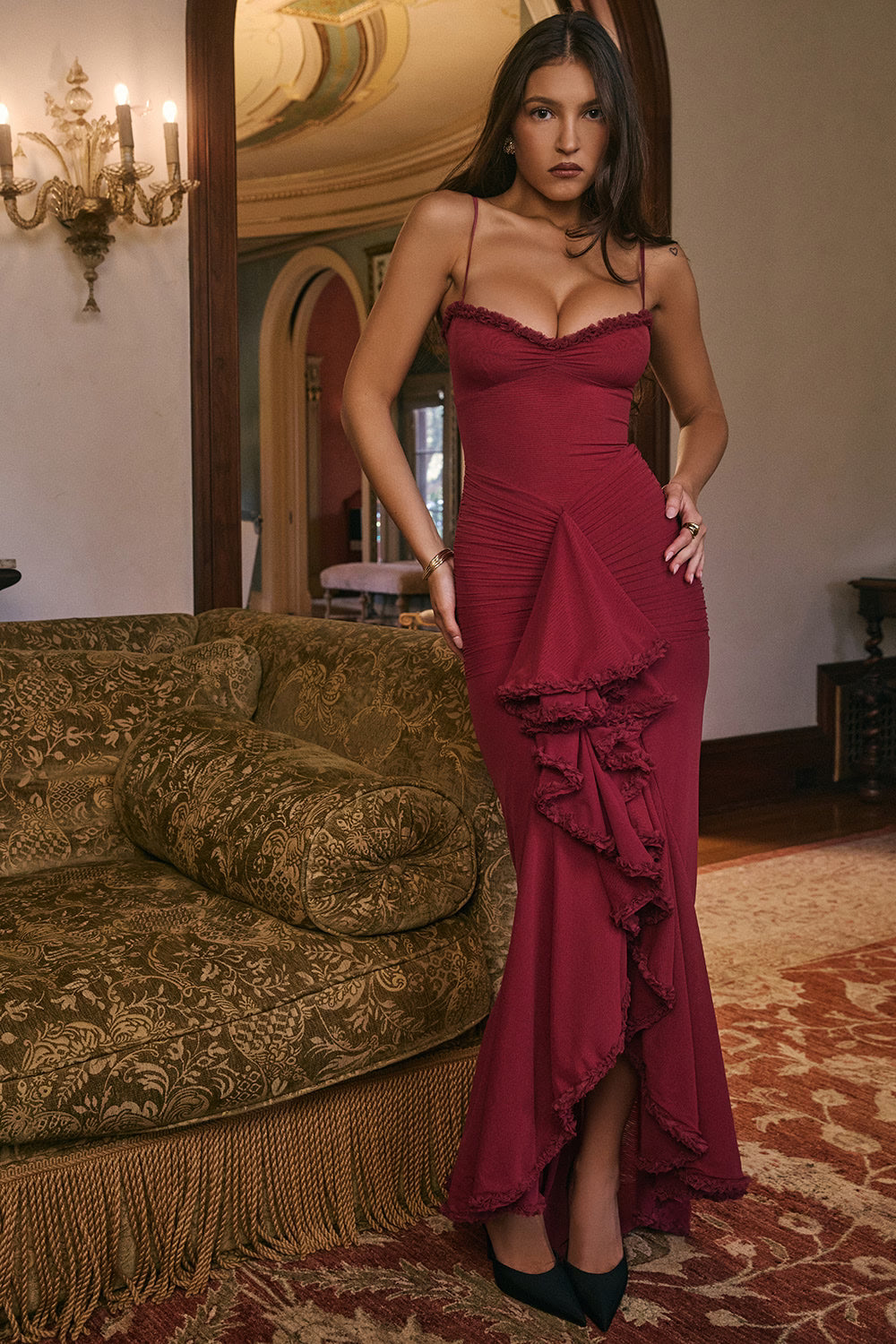 Gabbi Wine Ruffled Front Gown